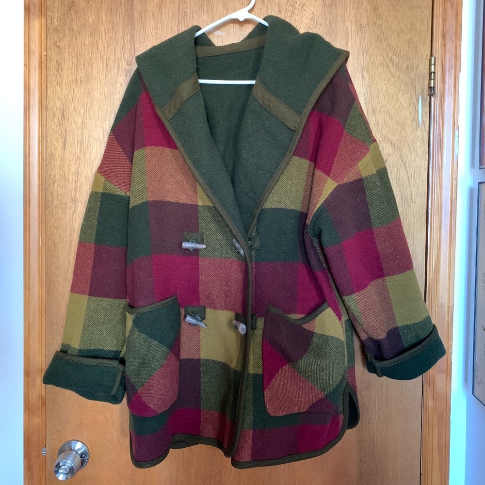 Vintage Wool Lagenlook Plaid & Green REVERSIBLE Oversized Toggle Coat with Hood